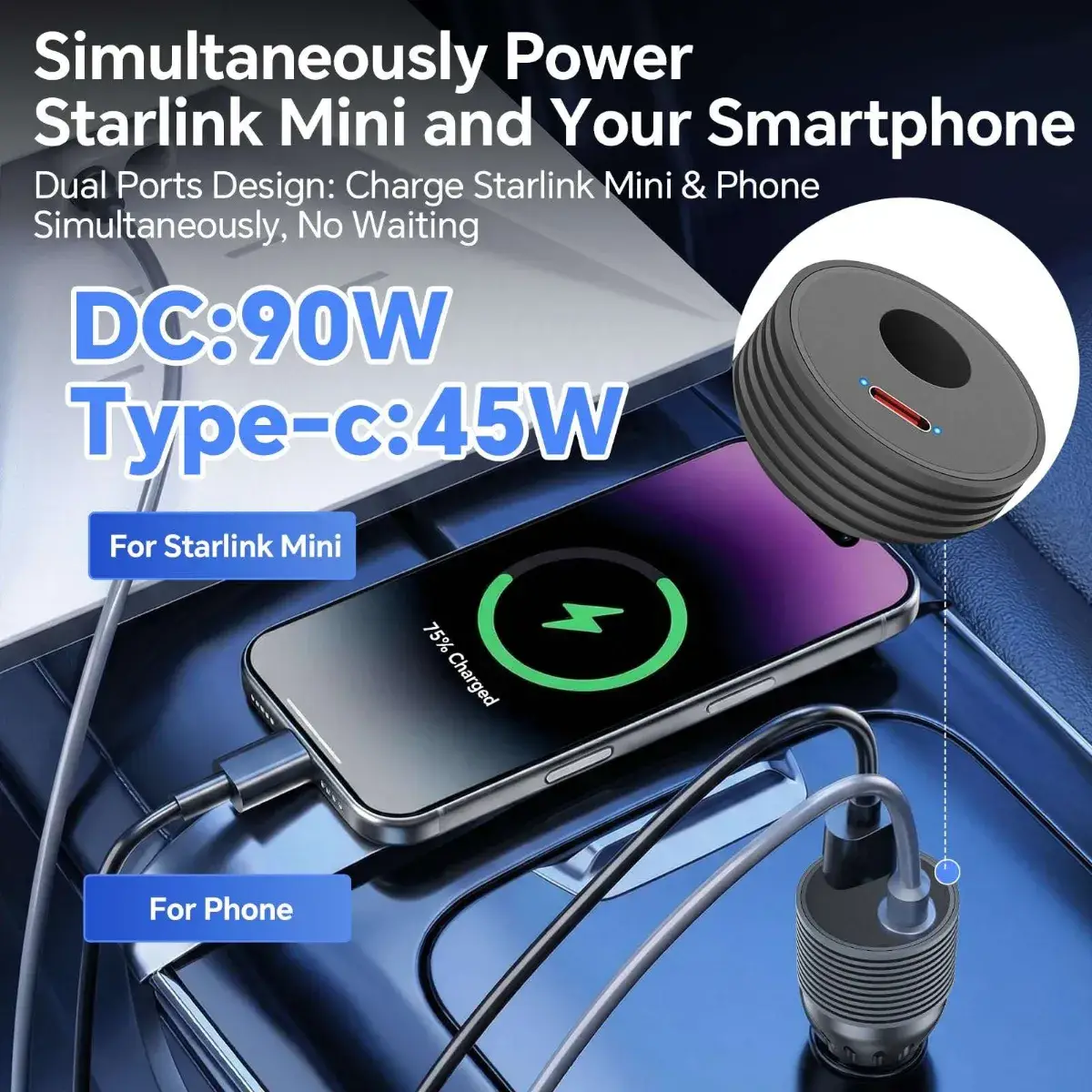 Aluminum heat dissipation housing close-up of Starlink Mini car charger